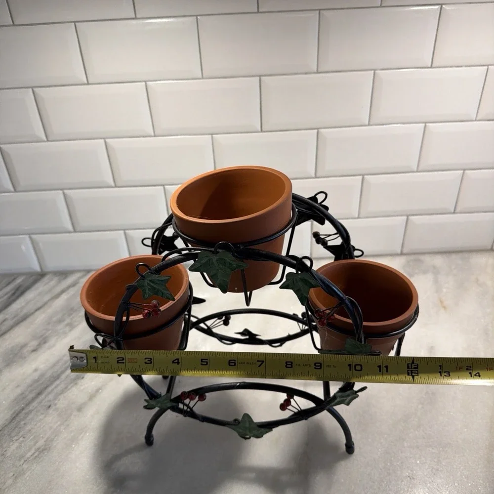 Vintage Wrought Iron Planter With Terra Cotta Pots